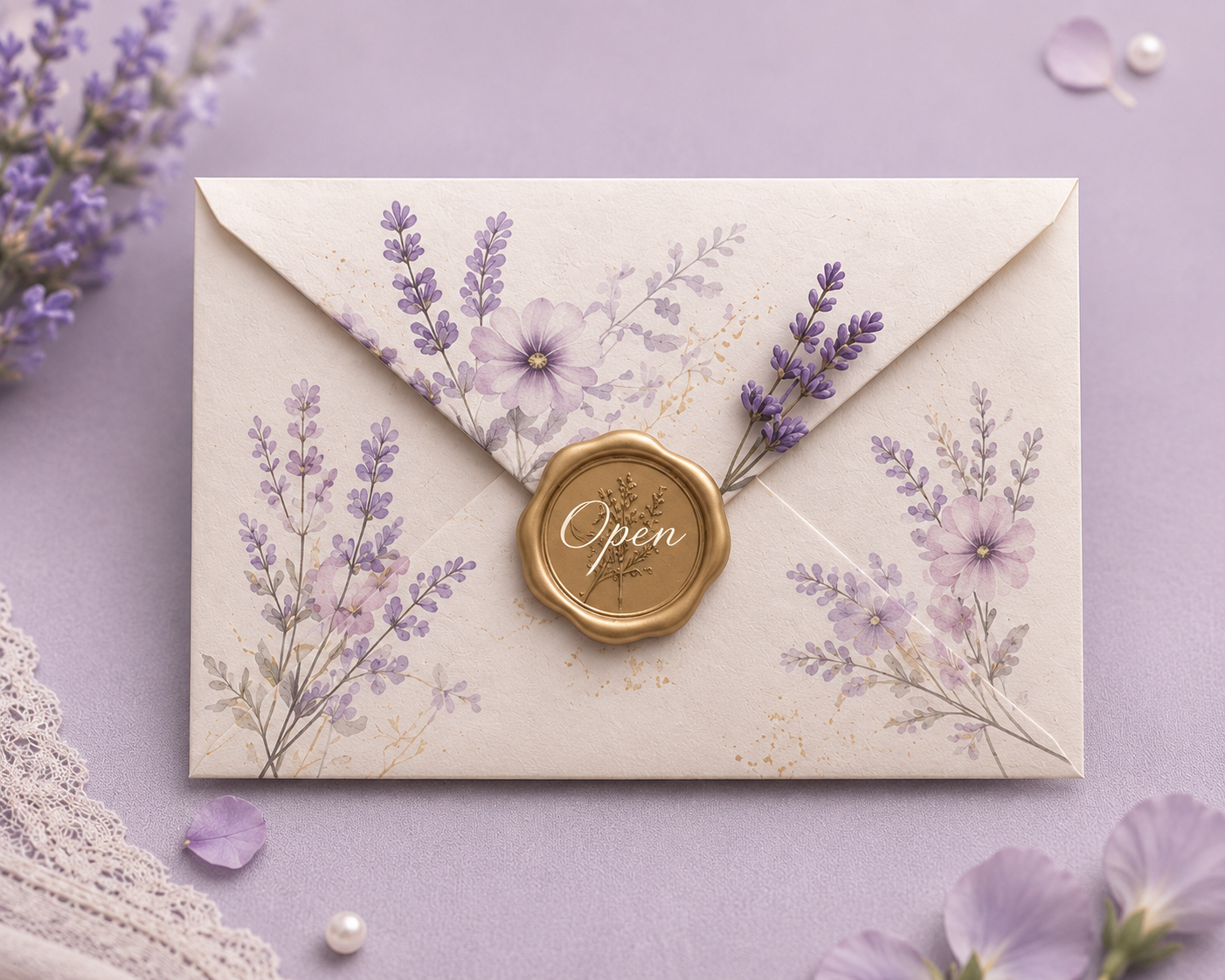 Floral wedding envelope with an Open wax seal