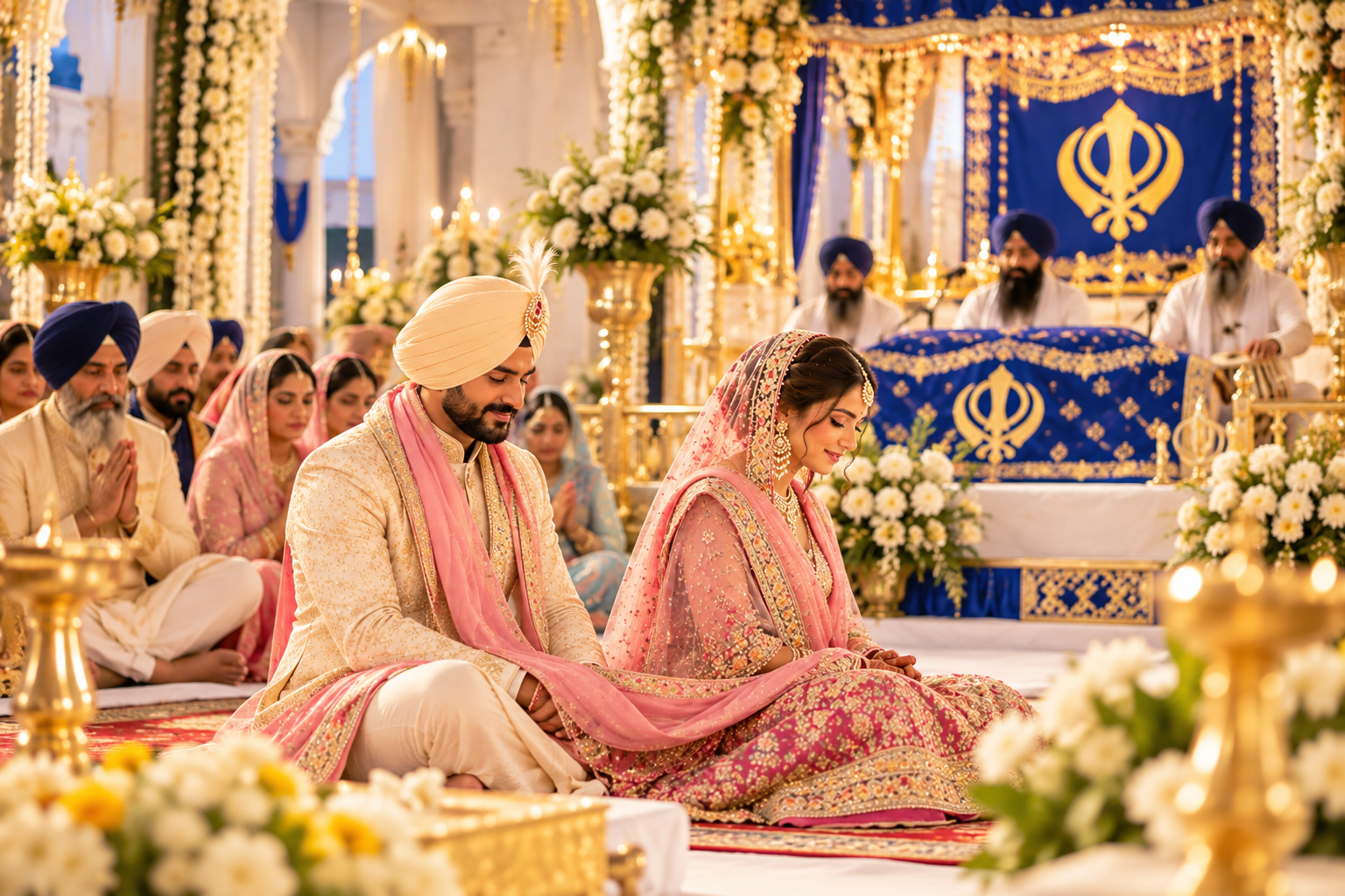 Anand Karaj ceremony in a richly decorated gurdwara