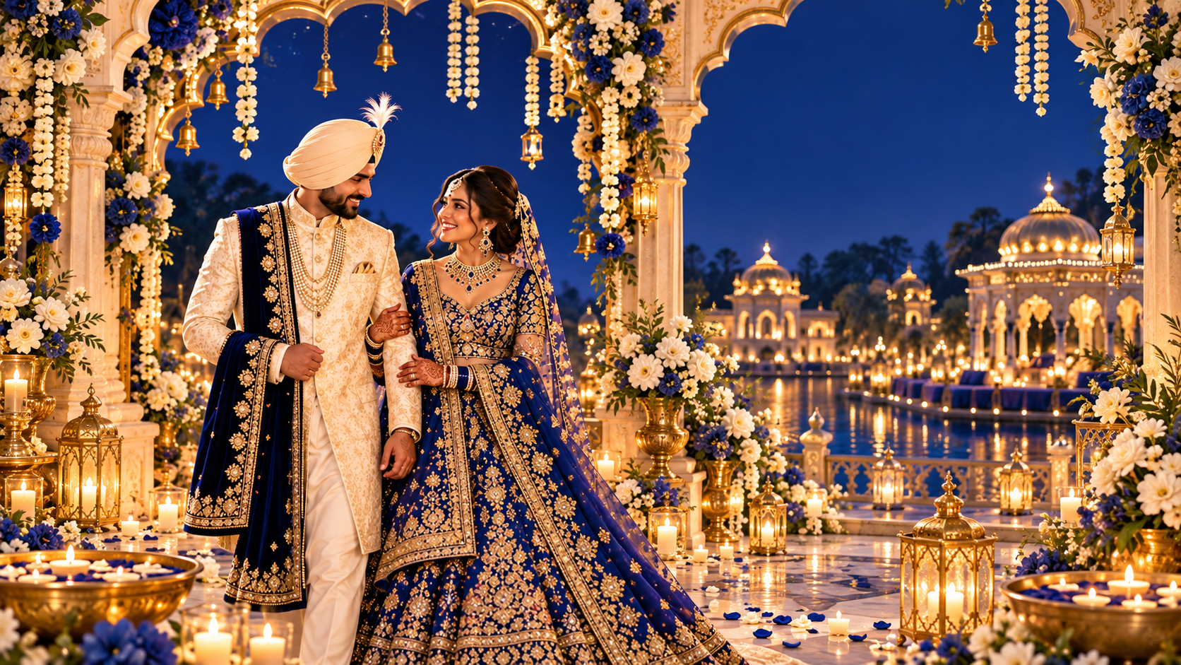 Simran and Arjun in a royal blue and gold wedding setting